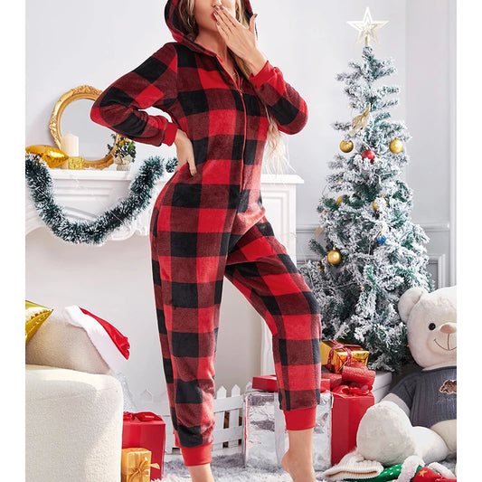 Christmas Plaid Hooded Cosy Jumpsuit