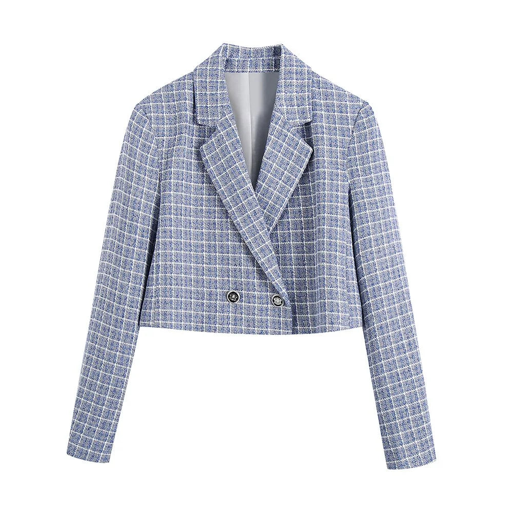 Blue Casual Plaid Tweed Suit