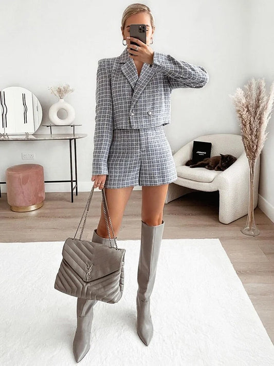 Blue Casual Plaid Tweed Suit