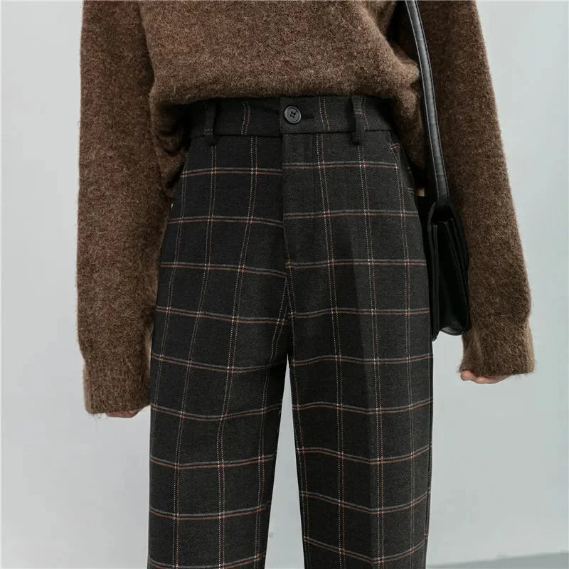 British-Style Plaid Pencil Pants