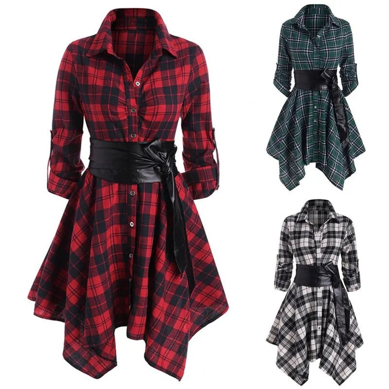 Business Casual Plaid Belted Dress