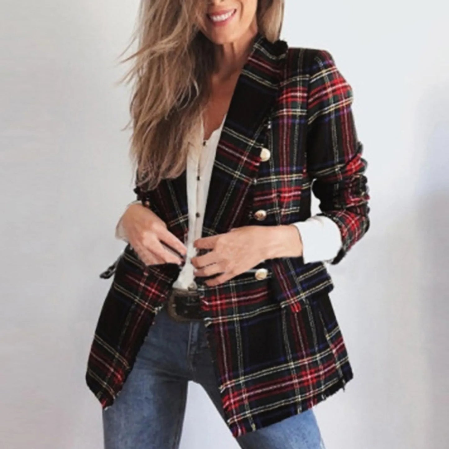 Business Lady Elegant Plaid Blazer