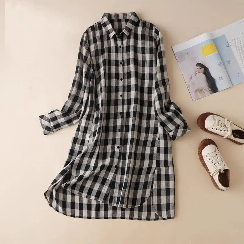 Button Collar Plaid Shirt Dress