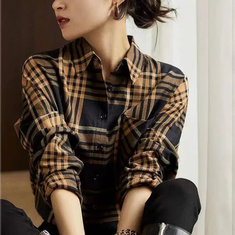 Casual Brown Slim Plaid Shirt