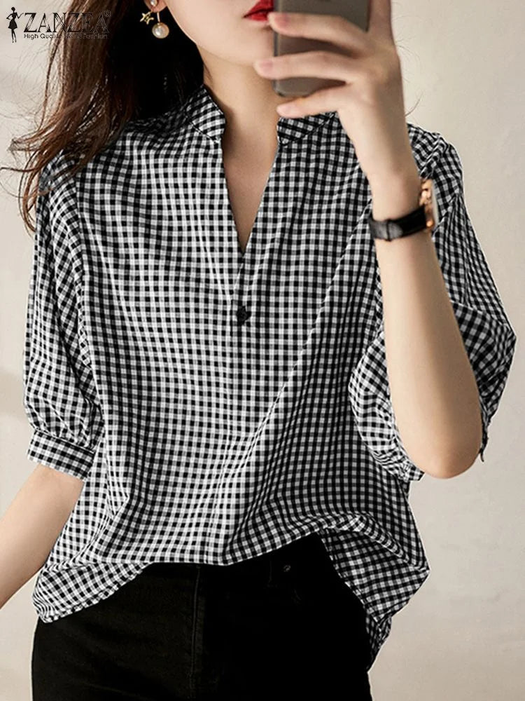 Casual Half Sleeve V-Neck Plaid Blouse Shirts