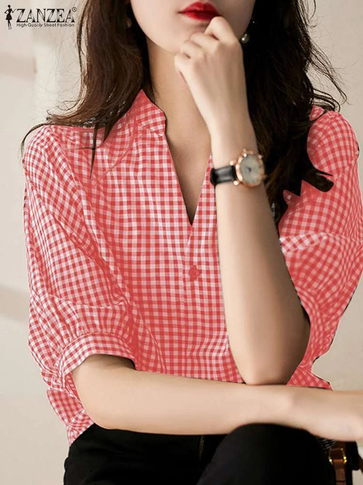 Casual Half Sleeve V-Neck Plaid Blouse Shirts