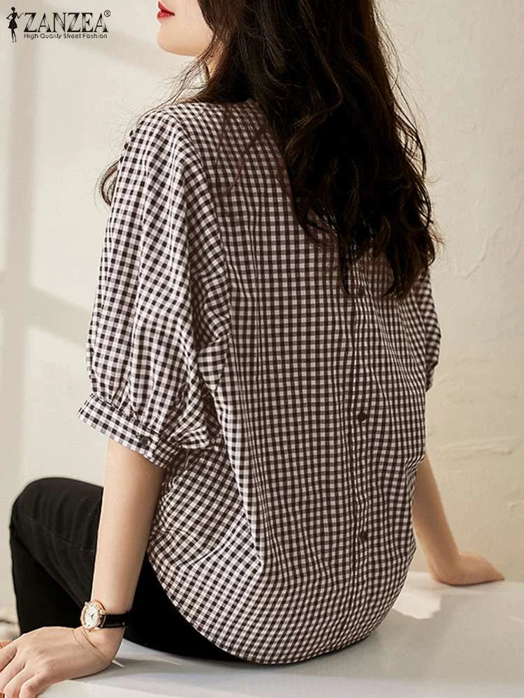 Casual Half Sleeve V-Neck Plaid Blouse Shirts