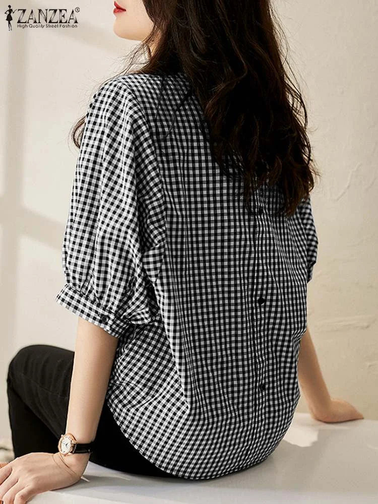 Casual Half Sleeve V-Neck Plaid Blouse Shirts