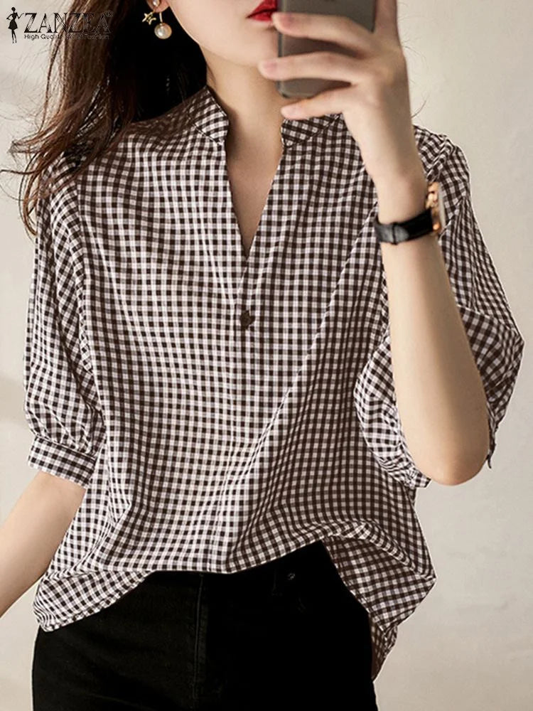 Casual Half Sleeve V-Neck Plaid Blouse Shirts