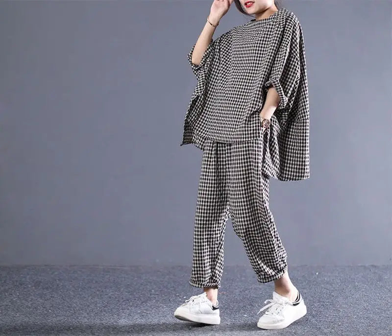 Casual Loose Plaid Set T-shirt and Pants