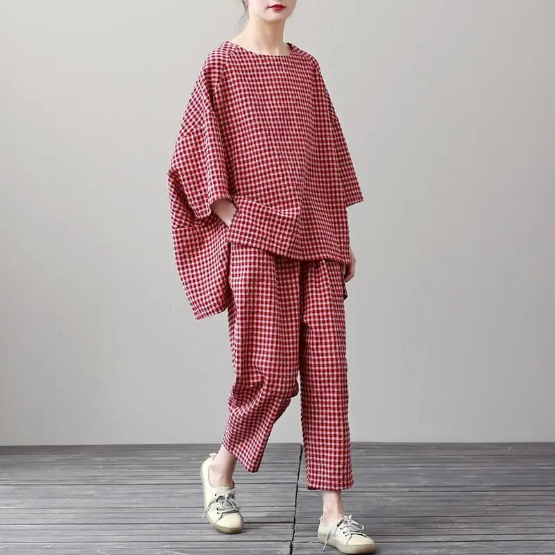 Casual Loose Plaid Set T-shirt and Pants