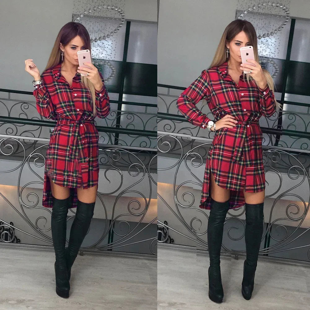 Casual Vintage-Style Blouse Plaid Dress