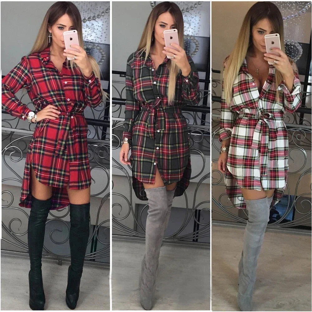 Casual Vintage-Style Blouse Plaid Dress