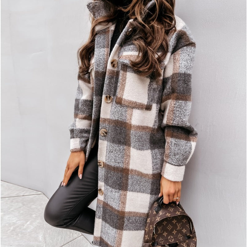 Cotton Long Loose Plaid Jacket