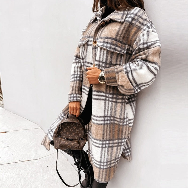 Cotton Long Loose Plaid Jacket