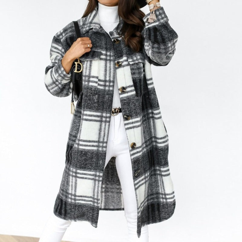 Cotton Long Loose Plaid Jacket