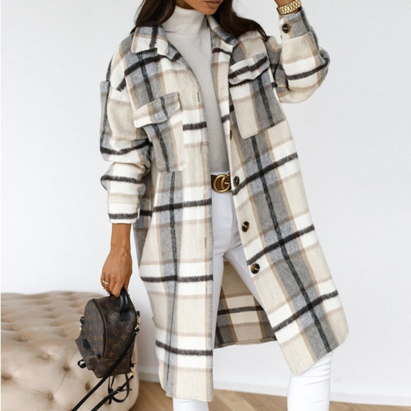 Cotton Long Loose Plaid Jacket