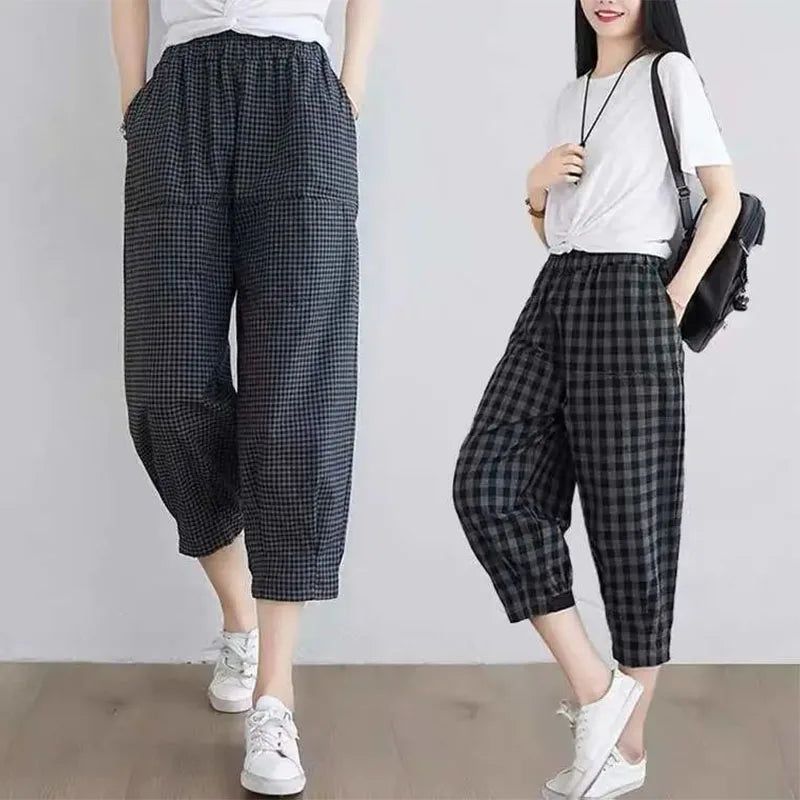 Cotton Plaid Black Harem Pants