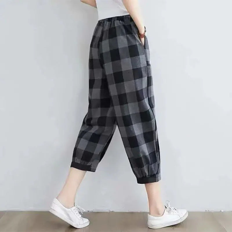 Cotton Plaid Black Harem Pants