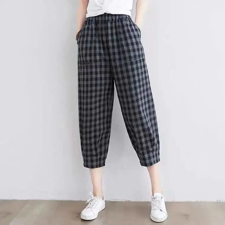 Cotton Plaid Black Harem Pants