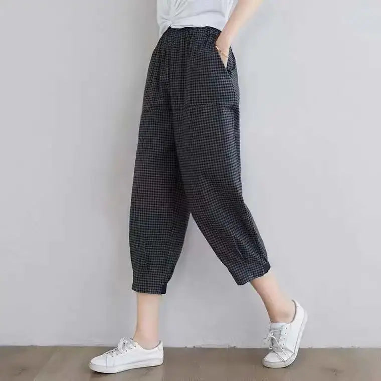 Cotton Plaid Black Harem Pants