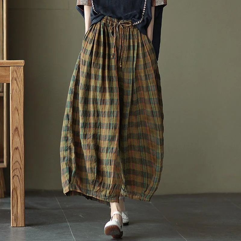 Cotton Wide Plaid Pants