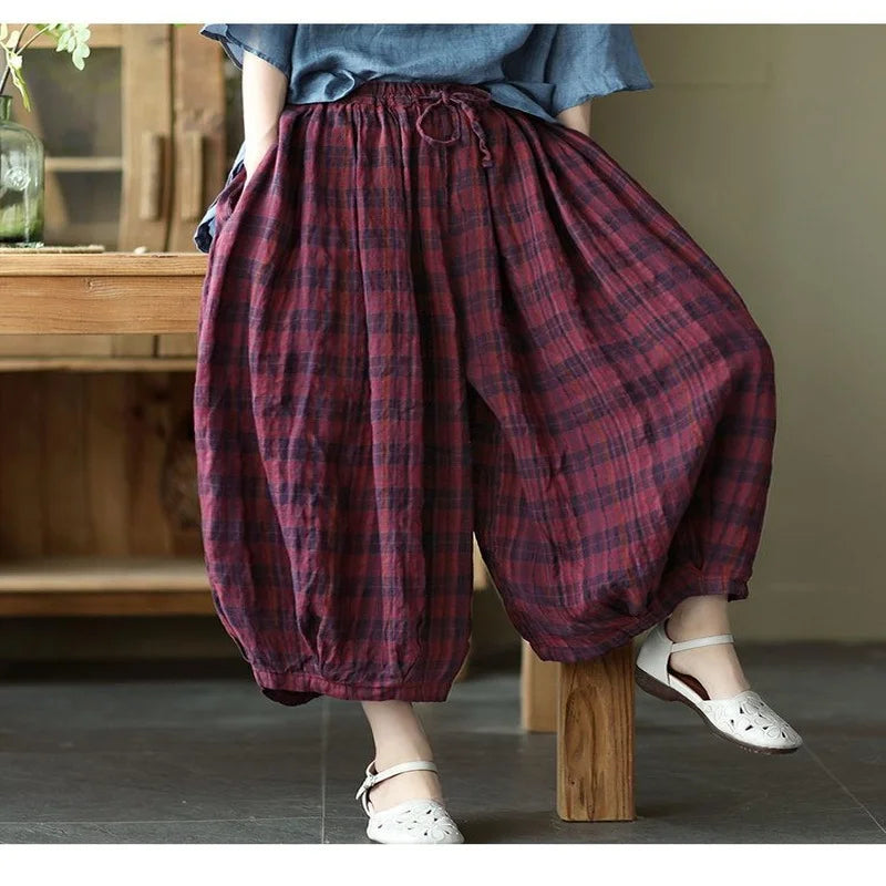 Cotton Wide Plaid Pants