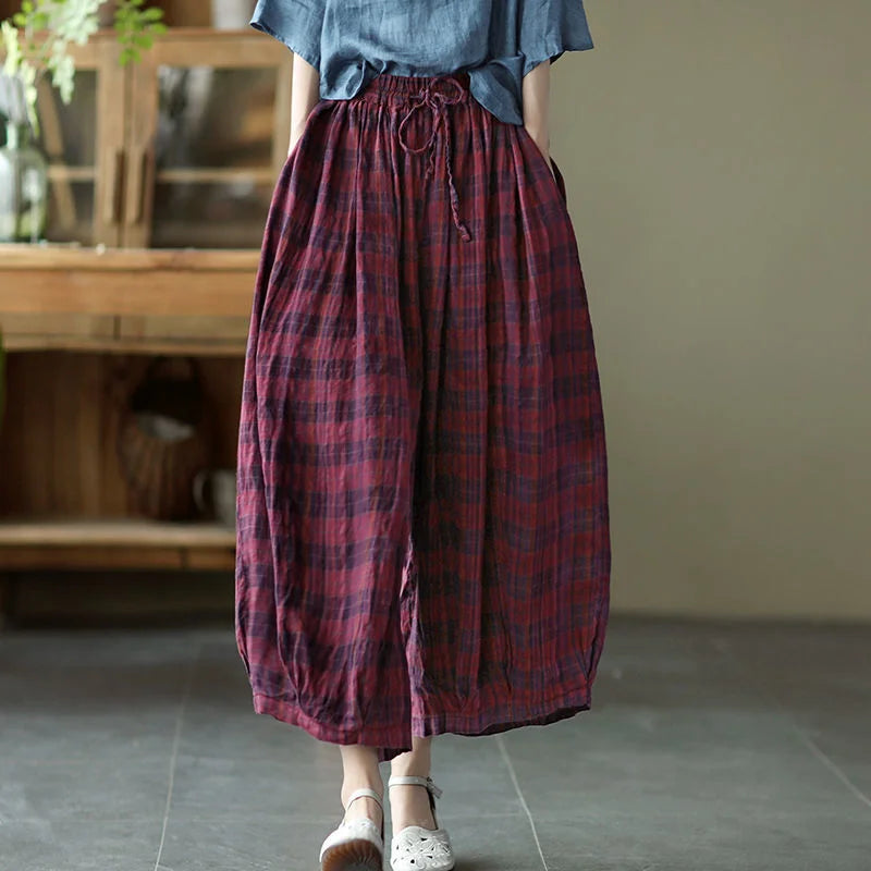 Cotton Wide Plaid Pants