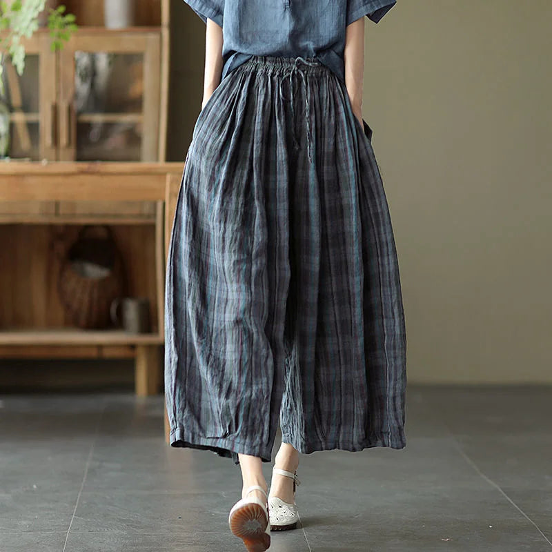 Cotton Wide Plaid Pants