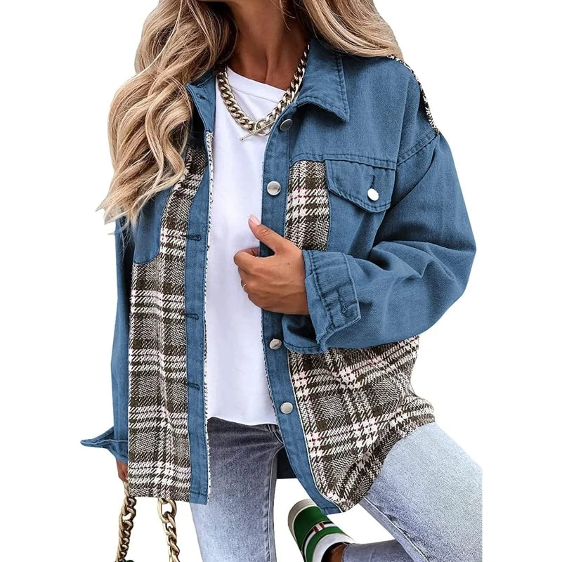 Denim Oversized Plaid Jacket