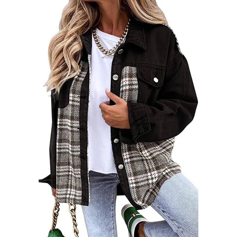 Denim Oversized Plaid Jacket