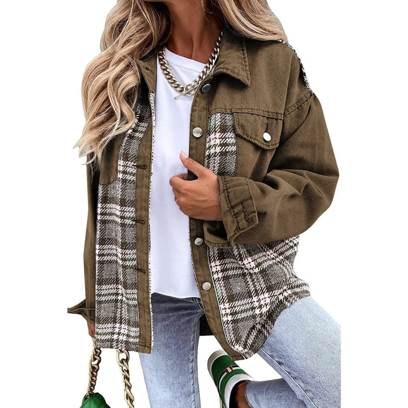 Denim Oversized Plaid Jacket