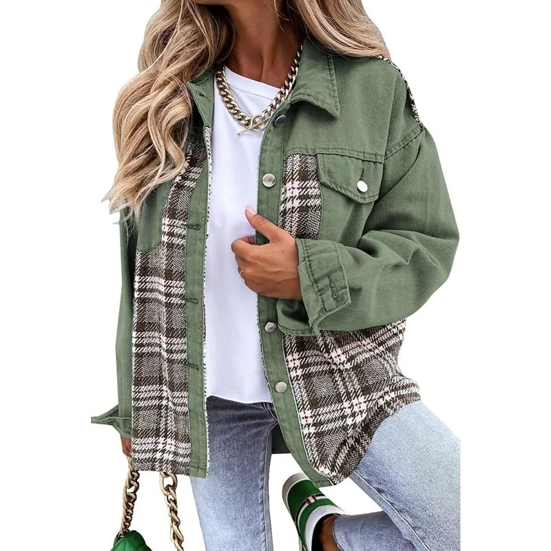 Denim Oversized Plaid Jacket