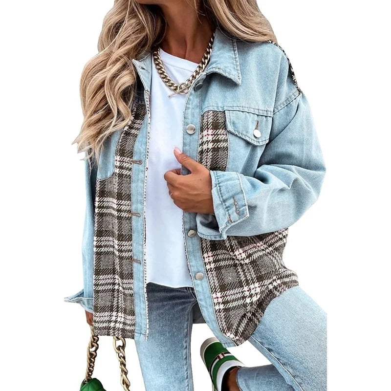 Denim Oversized Plaid Jacket