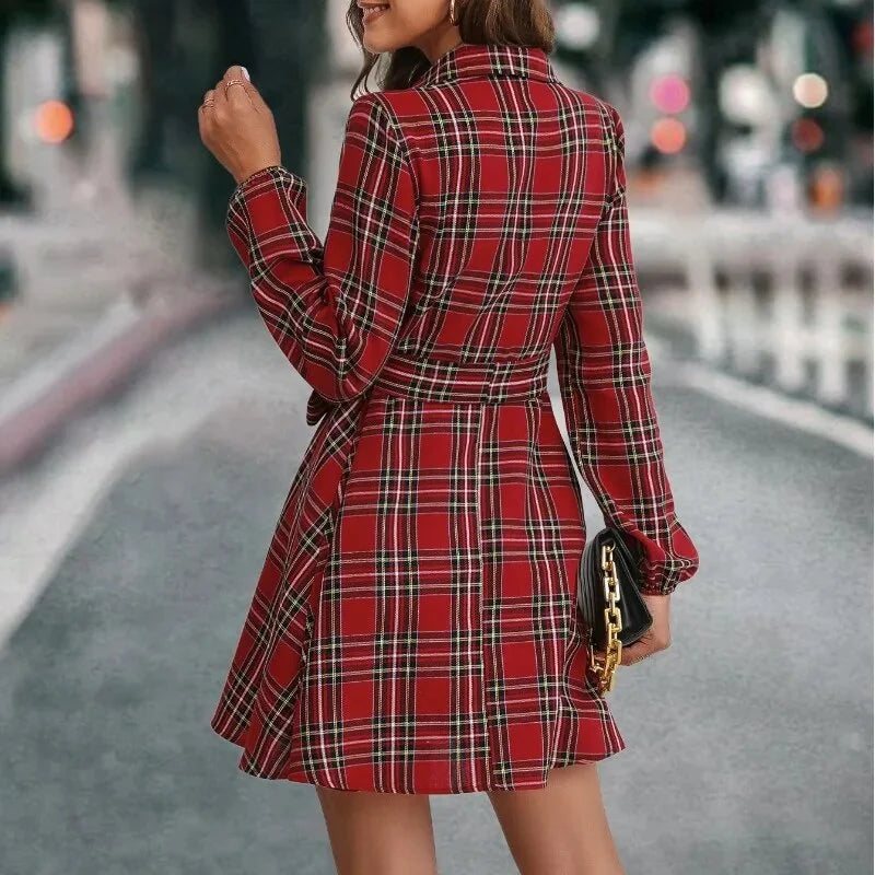 Elegant Casual Plaid Belted Dress