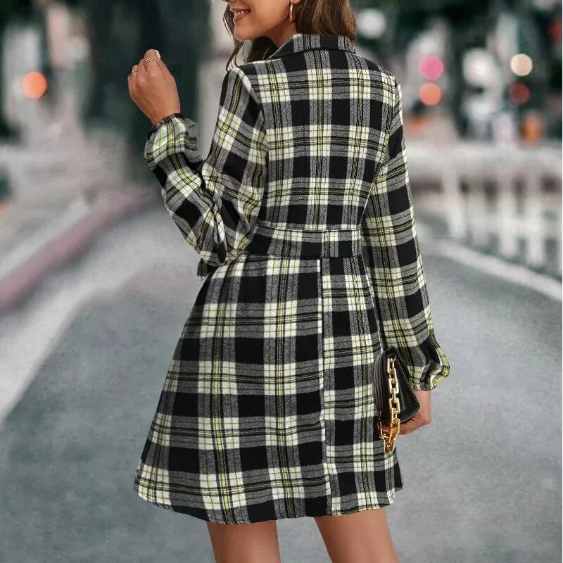 Elegant Casual Plaid Belted Dress