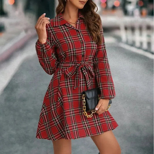 Elegant Casual Plaid Belted Dress