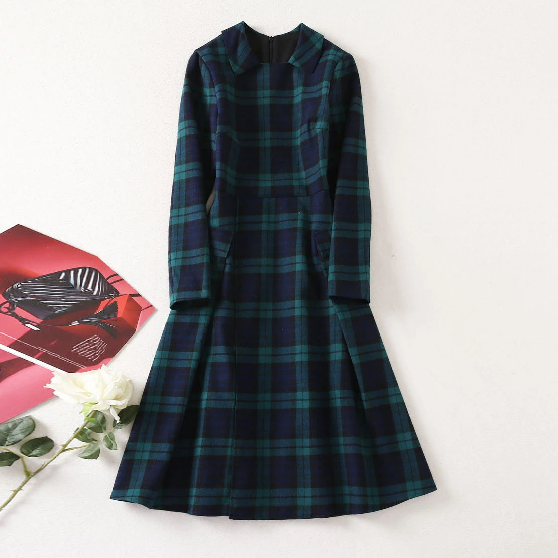 Elegant Long Sleeve Blue Plaid Dress