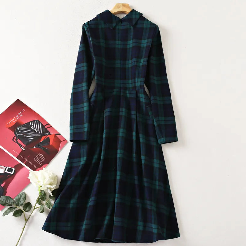 Elegant Long Sleeve Blue Plaid Dress