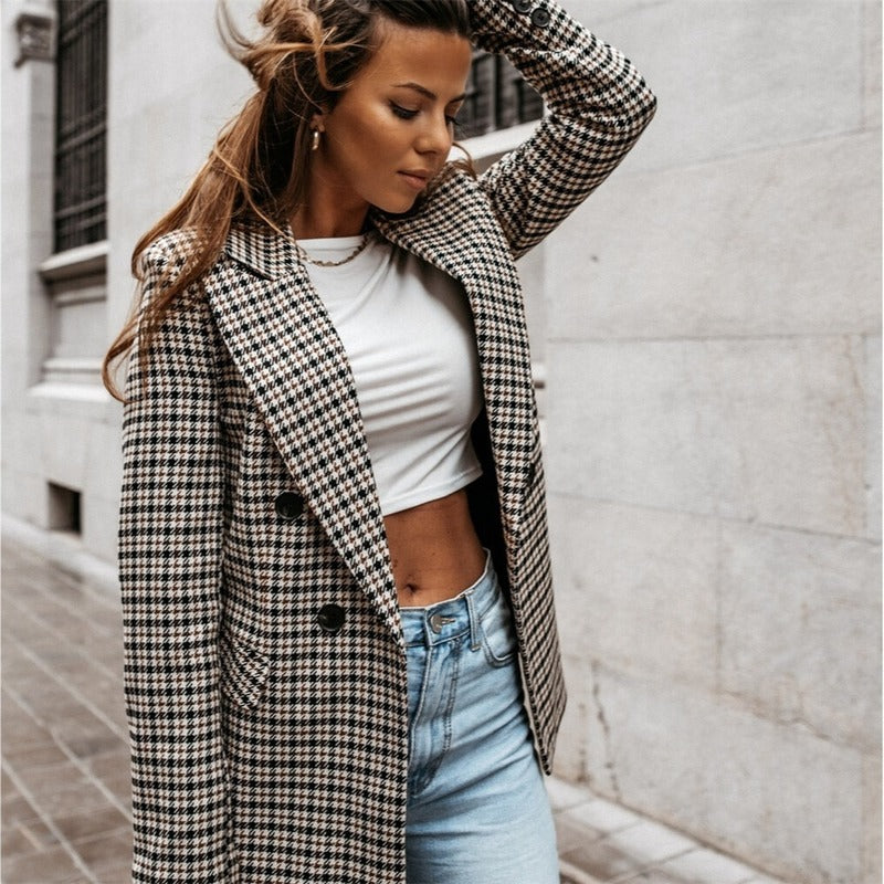 Elegant Longline Plaid Blazer