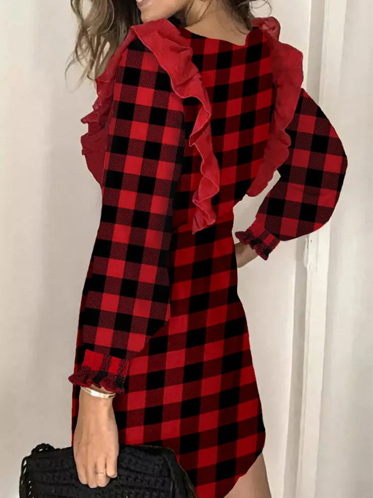 Elegant Ruffled Line Plaid Dress