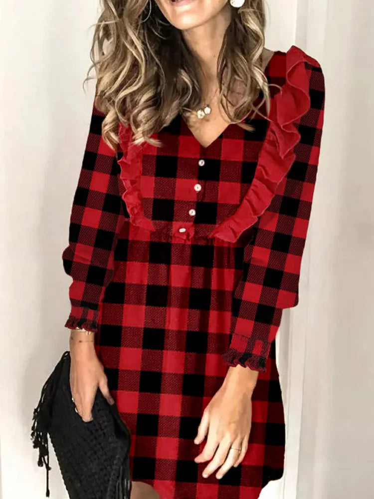 Elegant Ruffled Line Plaid Dress