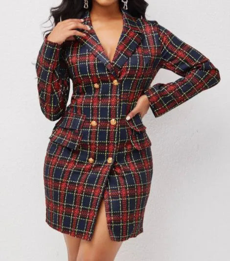 Elegant Slim Plaid Blazer-Dress