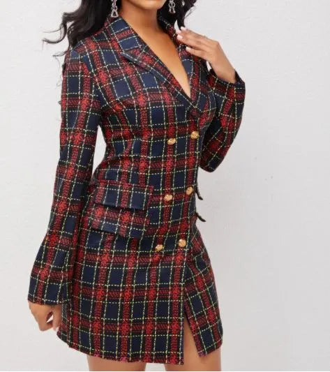 Elegant Slim Plaid Blazer-Dress