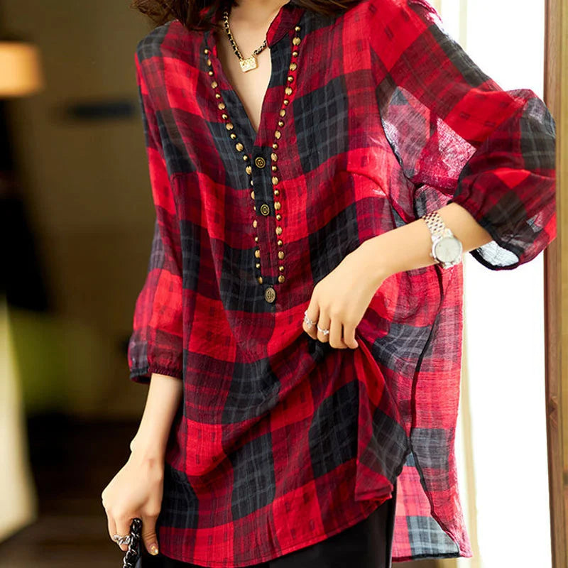 Embroidered V-Neck Flares Plaid Shirts Jacket