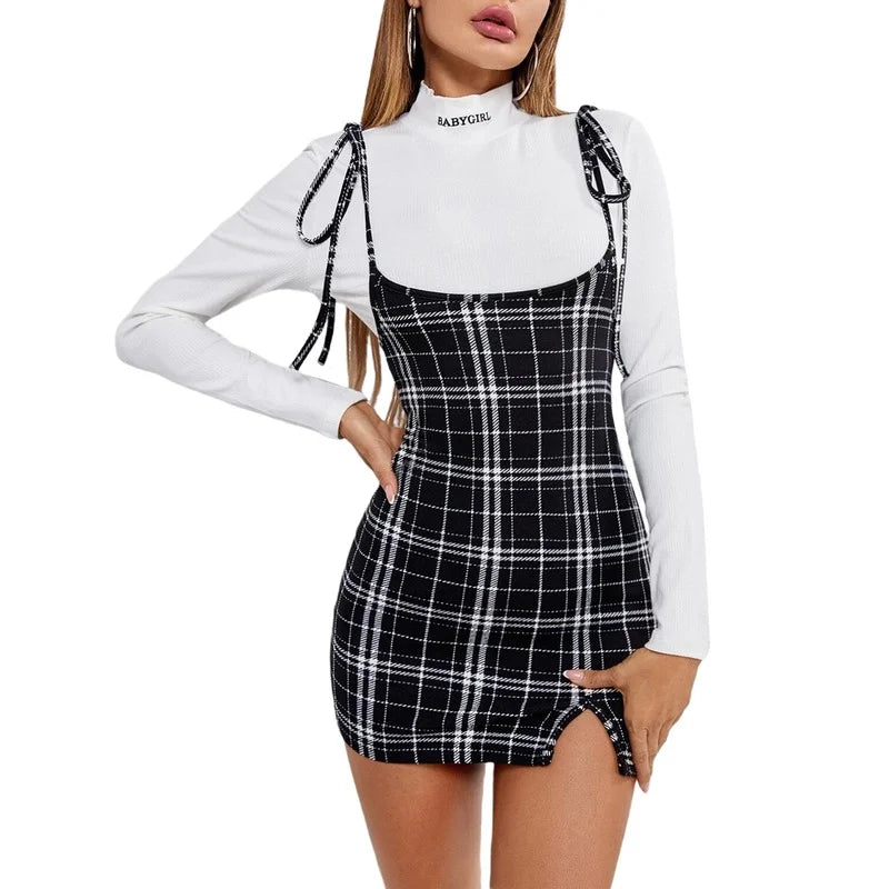 High Waist Plaid Suspender Skirt