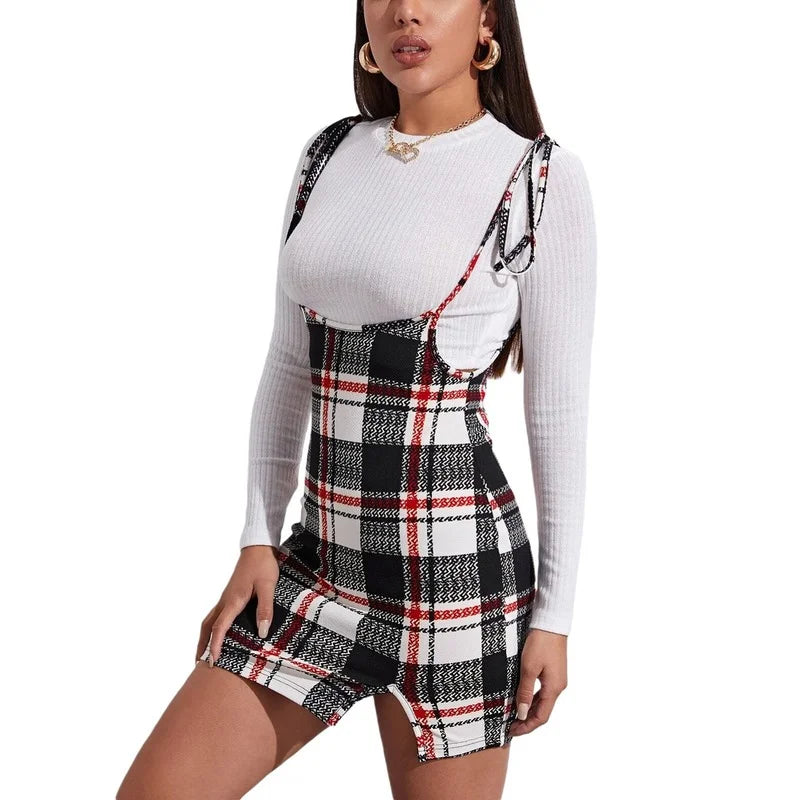 High Waist Plaid Suspender Skirt