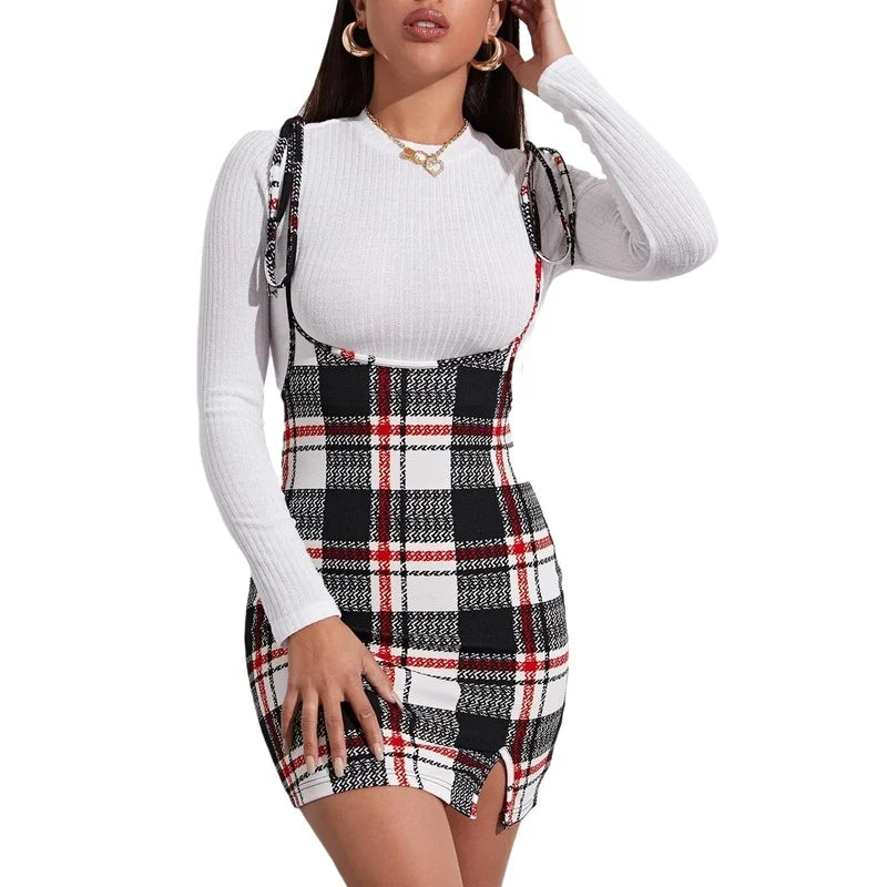 High Waist Plaid Suspender Skirt