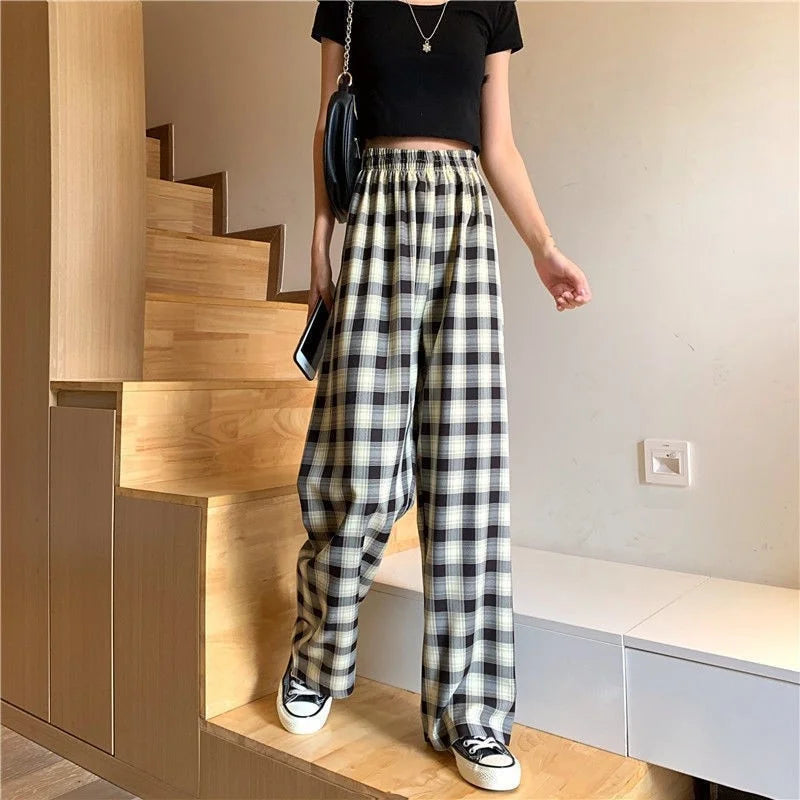 High-Waisted Casual Plaid Pants