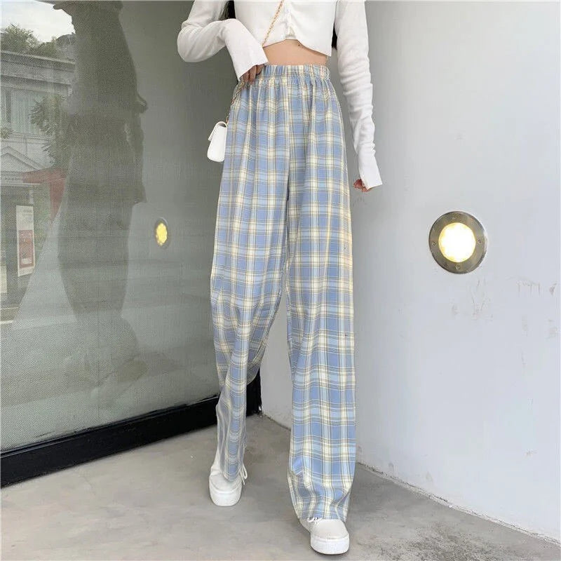 High-Waisted Casual Plaid Pants